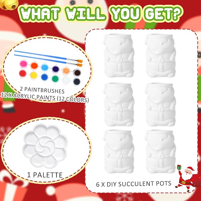 Pasimy 6 Set DIY Ceramic Succulent Planter Pots Paint Your Own Flower Pots Craft Kit Unpainted Bisque Paintable Flowerpot with Brush Palette Ready to Paint for Family Activity Gift(Santa)