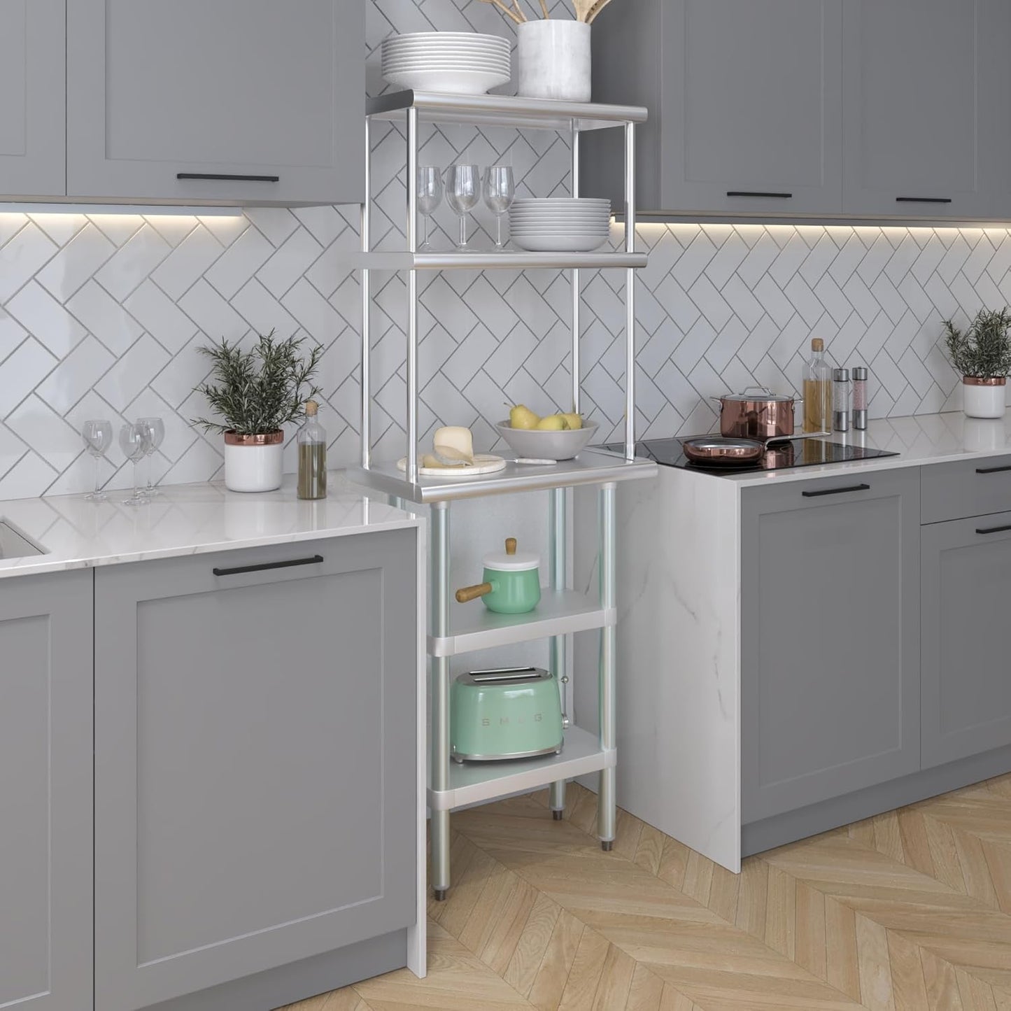 Amgood Stainless Steel Work Table with 2 Shelves and 12" Overshelf - Metal Kitchen Prep Table & Shelving Combo (14" x 24")