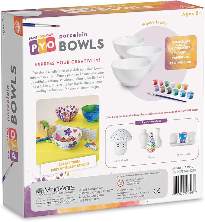 MindWare Paint Your Own Porcelain Bowls for Kids - DIY Craft Kit Makes 3 Bowls, Includes Paint and Brush