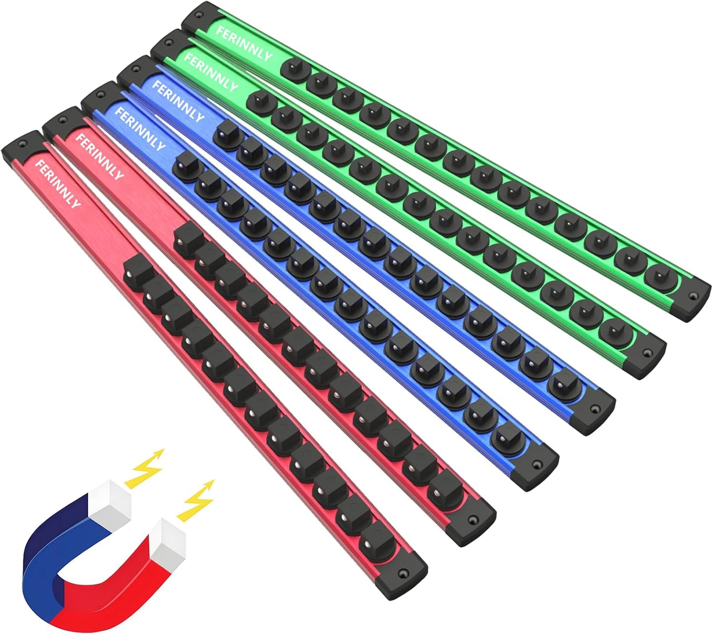 Magnetic Socket Holder Organizer Set, 6-Piece Heavy Duty Aluminum Alloy Socket Holder, 360° Swivel 1/2, 3/8, 1/4-Inch Socket Trays Socket Organizer Holds 80-Piece Standard Size Sockets