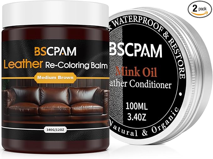 12oz Leather Recoloring Balm & 3.4oz Mink Oil Leather Conditioner kit,Medium Brown Leather Color Repair Kits for Couches, Leather Couch Paint Scratch Repair for Furniture Car Sofa Shoes Leather Dye