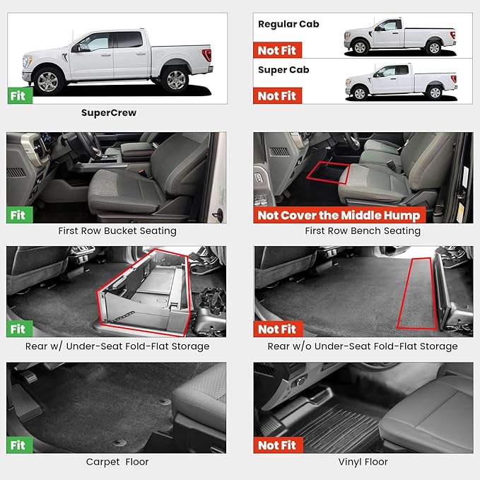 LASFIT Floor Mats for Ford F-150 2021-2025 | F150 Lightning 2022-2025 SuperCrew (Rear w/Fold Flat Storage) Carpet Floor All Weather Car Liners TPE Truck Mats - 1st and 2nd Row, 3pcs Black