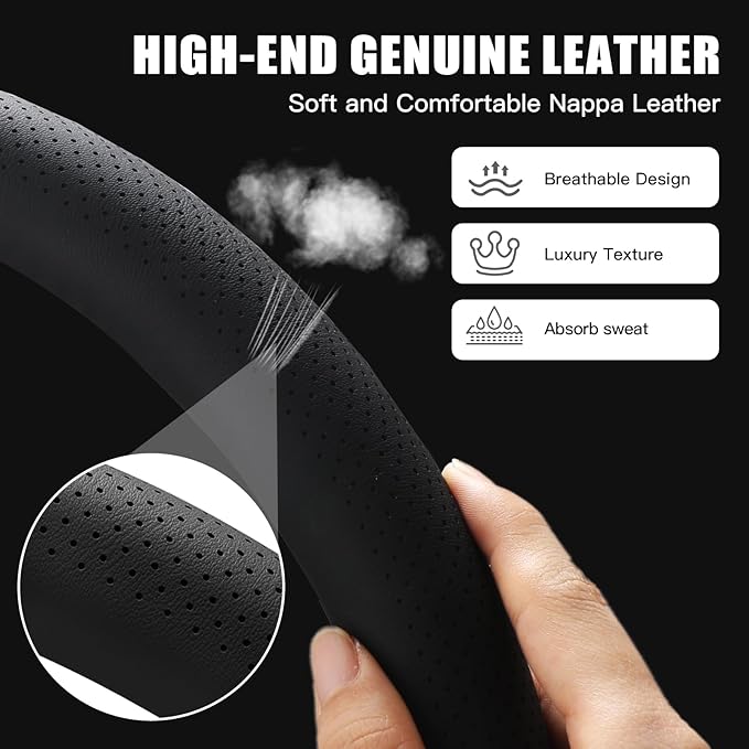 Genuine Leather Steering Wheel Cover for Men Women with Upgraded Silicone Inner Ring, Thin, Non-Slip, Breathable, Odorless, Universal 14.5-15 Inch (Pure Black, Genuine Leather)