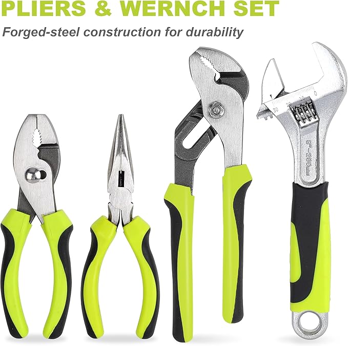 FASTPRO 198-Piece Household Tool Set, Home Repairing Tool Set with Toolbox, SAE Mechanics Hand Tool Kit for DIY, Home Maintenance, Green