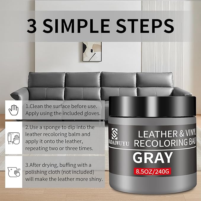 Leather Recoloring Balm,8.5oz Leather Color Restorer,Gray Leather Repair kit for Furniture and Car Interior,Leather Couch Scratch Repair,Leather Dye Paint for Faded,Cracked and Damaged Leather