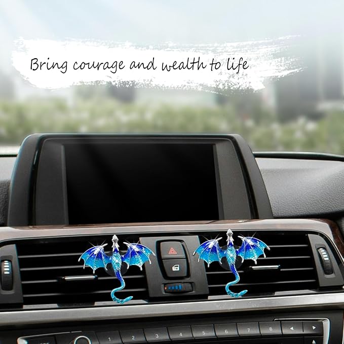 Bling Wyvern Car Air Freshener Vent Clips,2pcs Alloy Blue Enamel Dragon Vent Clips Car Accessories,Refillable Car Diffuser with Felt Mads,Coffee Fragrance Tablets