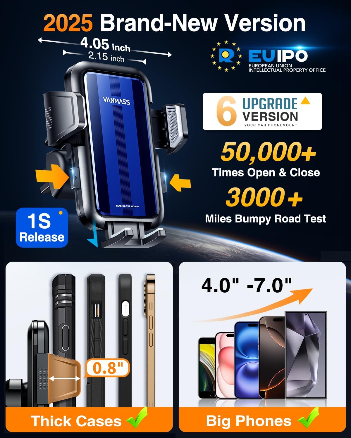 VANMASS True Upgrade [Top Military-Grade] Phone Holders for Your Car [Strongest Suction & Clip] Cell Phone Mount Dashboard Windshield Vent Stand Cradle for iPhone 16 Pro Max 15 14 13 Android, Blue