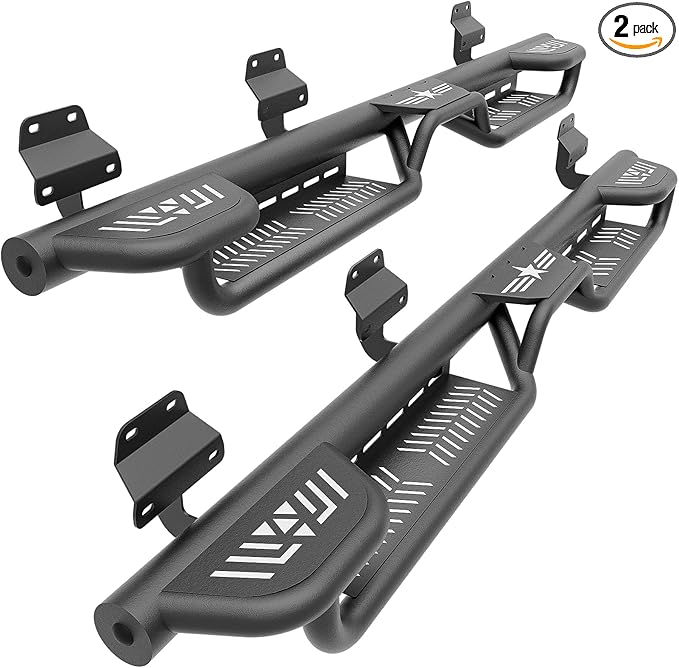 Three Raised Steps Running Boards Compatible with 2015-2025 Ford F150 & 2017-2025 Ford F250 F350 Super Duty Crew Cab Side Step Bolt-on Nerf Bar, Heavy-Duty Steel Side Bars