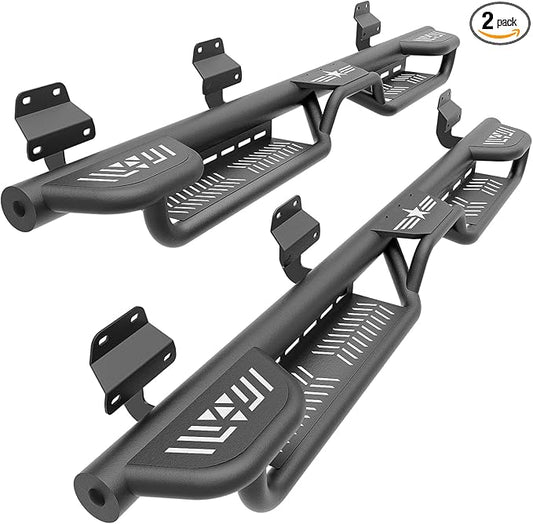 Three Raised Steps Running Boards Compatible with 2015-2025 Ford F150 & 2017-2025 Ford F250 F350 Super Duty Crew Cab Side Step Bolt-on Nerf Bar, Heavy-Duty Steel Side Bars