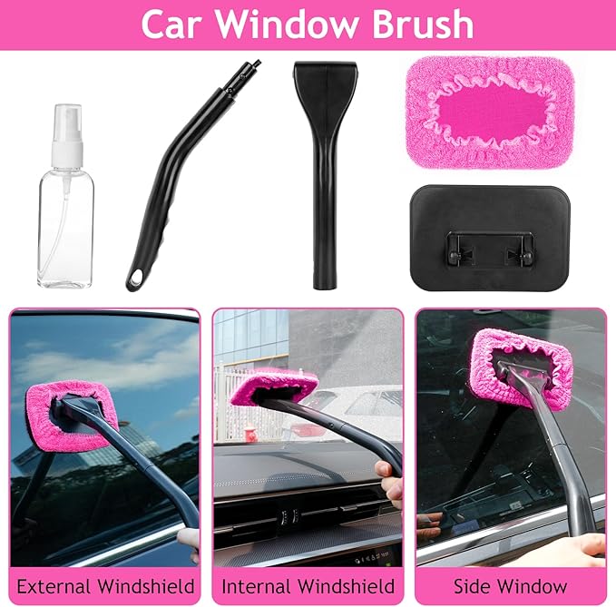 THINKWORK Pink Car Duster Interior Kit, Perfect Car Detailing Brush Kit for Cleaning Windows,Windshield,Dashboard and Air Vents Suitable for All Cars