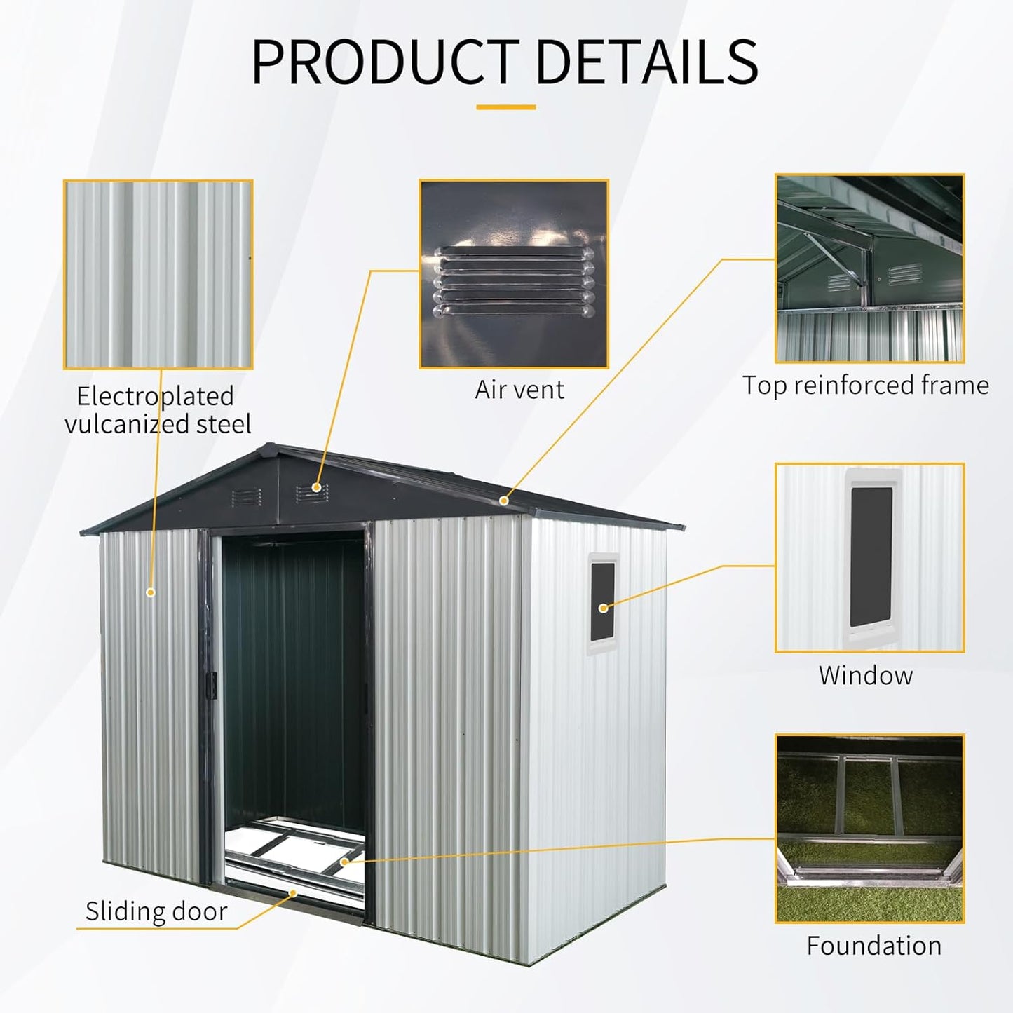 4x8 FT Outdoor Storage Shed, Metal Garden Shed with Frame Floor, Outside Tool Shed with Window, Waterproof Storage Building with Lockable Sliding Doors & Sloped Roof for Backyard, Patio, White+Black