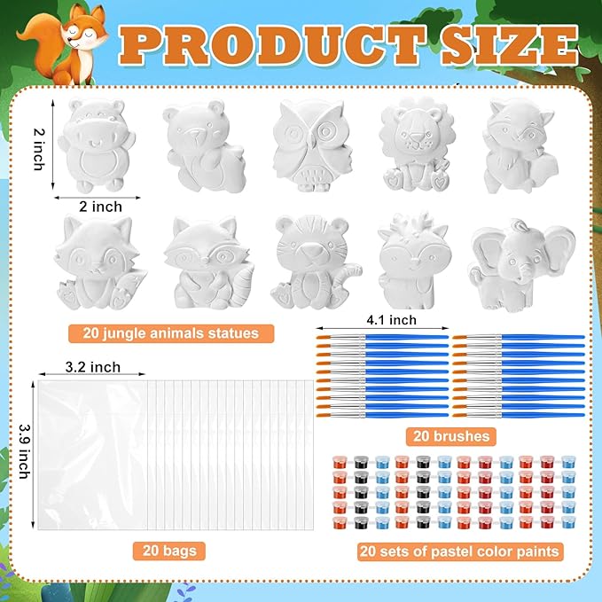 Simgoing 20 Set Dinosaur Unicorn Mermaid Donut Jungle Animal DIY Painting Kit Pumpkin Snowman Ceramic Paint Your Own Figurines Unpainted Plaster Craft for Party Favor(Jungle Animals)