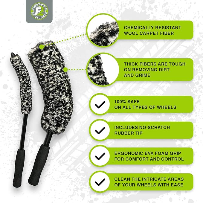 ExoForma Bendable Brush Set - Unique Adjustable 2-Piece Wheel Brush Set Cleans Behind Wheels - Tough Yet Gentle Wool Fiber + No-Scratch Rubber Tip Safe for All Wheel Types - Comfy Ergonomic Grip