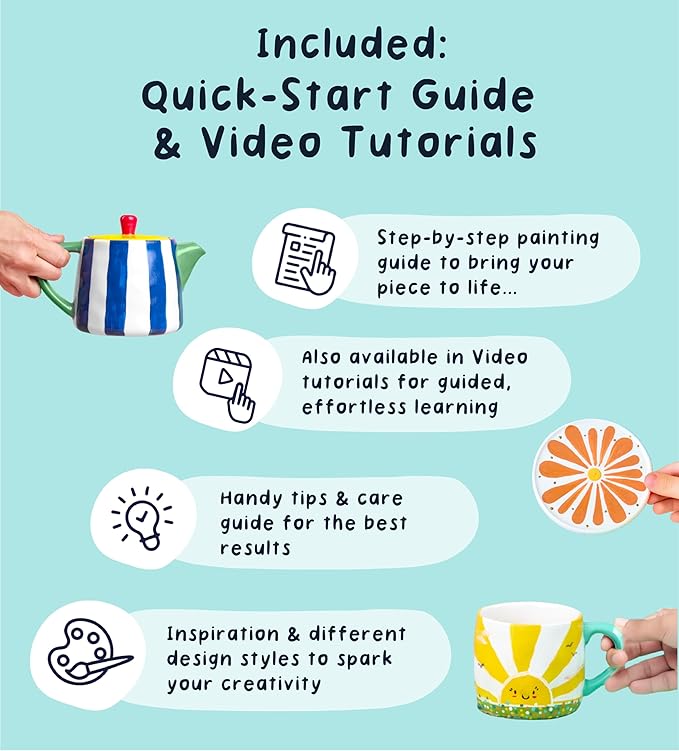 Pott’d Paintables Paint-a-Tea Set, DIY Pottery Painting Kit for Adults with Teapot, Mugs, Coasters, Paints, Brushes, Sponges, Palette and Guide, Craft Kit for Beginners and Tea Lovers