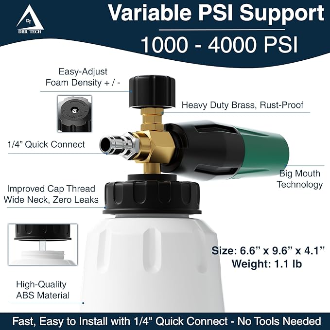 Foam Cannon for Pressure Washer, 1.1mm Orifice, 1000-4000 PSI, 1/4 Inch Quick Connector, Wide Neck and Adjustable Spray, Heavy Duty Car Snow Foam Blaster for Superior Foaming & Deep Clean, Green