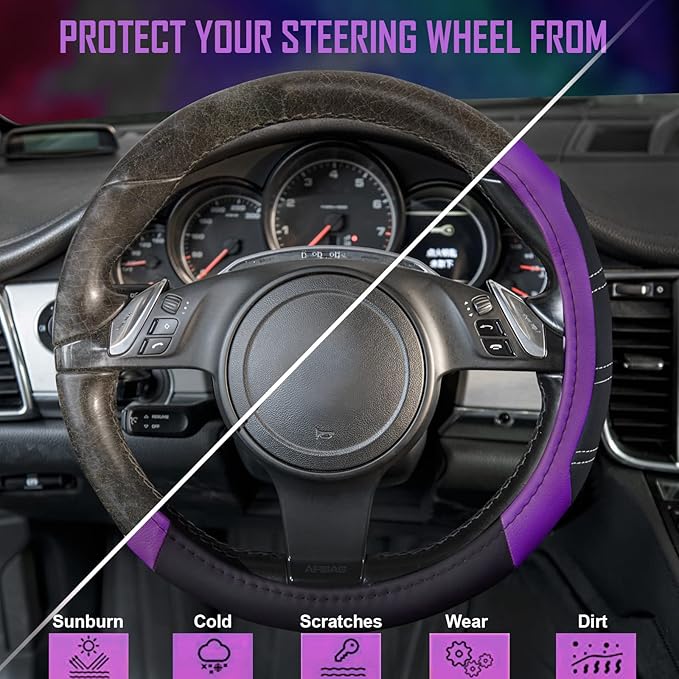 CAR PASS Line Rider Microfiber Leather Sporty 14.5-15 inch Steering Wheel Cover Universal Fits for 95% Truck,SUV,Cars, Anti-Slip Safety Comfortable Design (Black Purple)