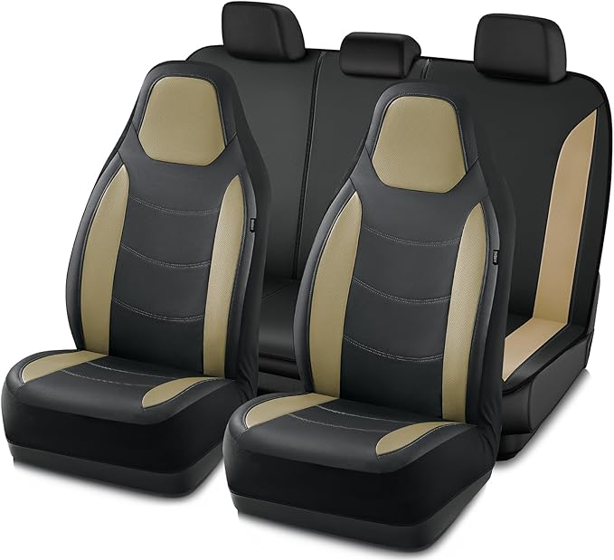 Road Comforts Car Seat Cover, Leather Seat Cover Full Set, Automotive Interior Seat Cover, Universal Fit for Most Cars, SUVs, Trucks, and Vans, Airbag Compatible (Beige)