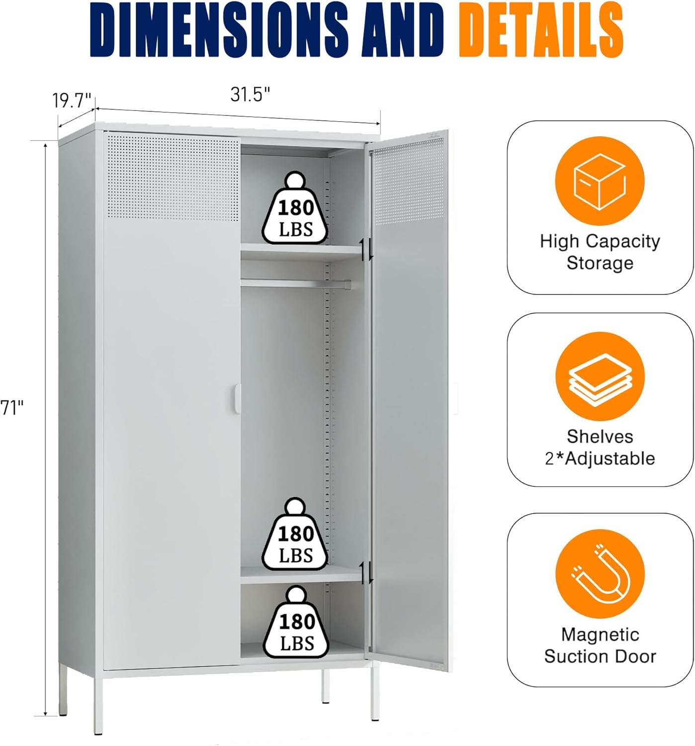 Metal Storage Cabinets Locker with Hanging Rod and Adjustable Shelves, 71'' Clothing Steel Storage Wardrobe for Home & Office, School, Employee,Gym(White, 71''H-Wardrobe)