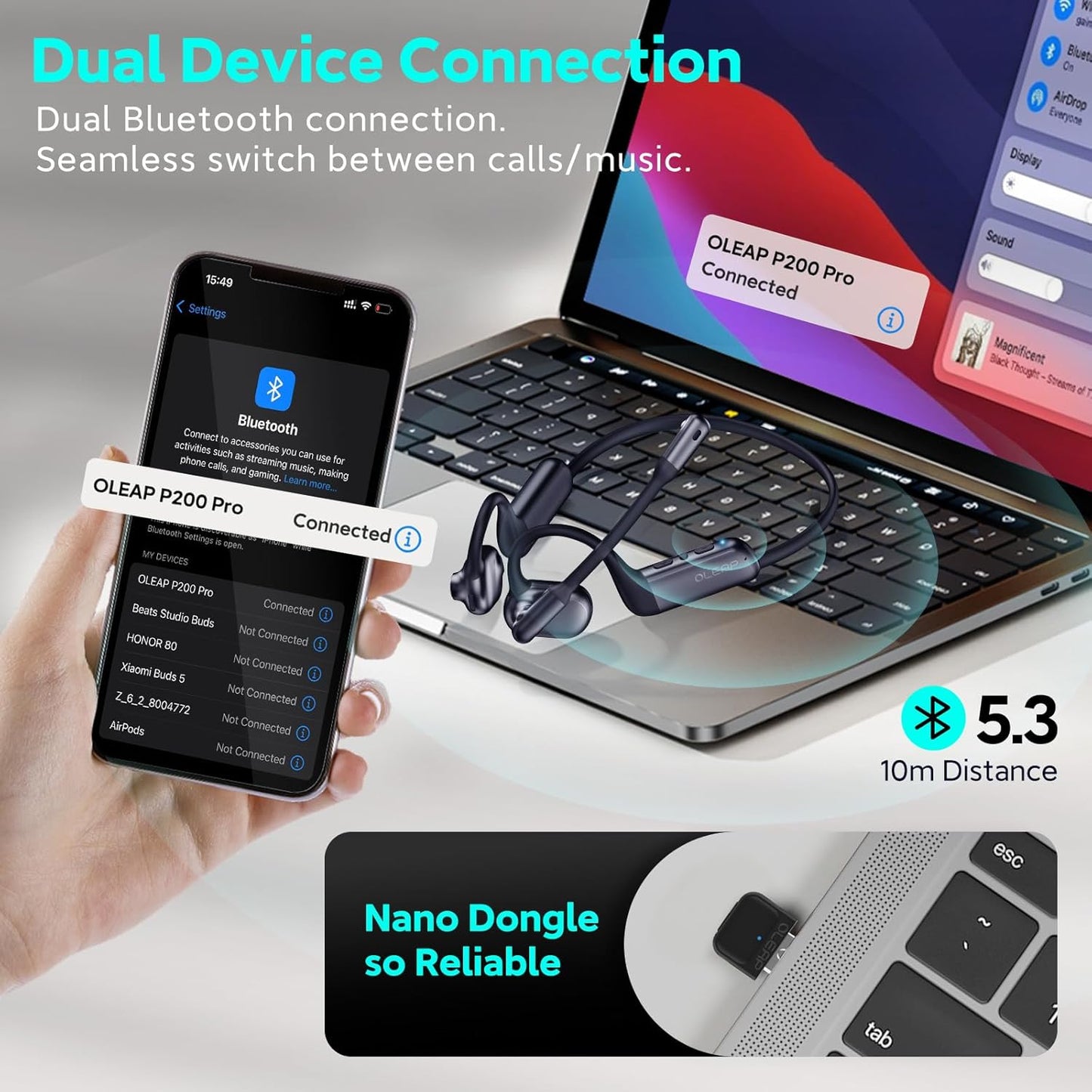 Pilot P200b Pro Wireless Headset with Mic for Work,50dB AI Noise Cancelling Microphone Headphones for Call,Bluetooth 5.3 Open Ear Headphones with Mic for WFH,Mobile Office,Meetings,PC & Phone