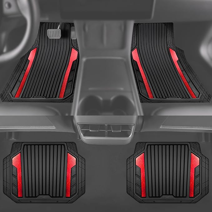 CAR PASS Heavy Duty Rubber Car Mats Metallic S~L Size, Aluminum Film All Weather Floor Mats Waterproof Universal Trim to Fit SUV Sedan Van Truck 4 Piece Deep Dish Two-Tone Sporty Black Red Chrome