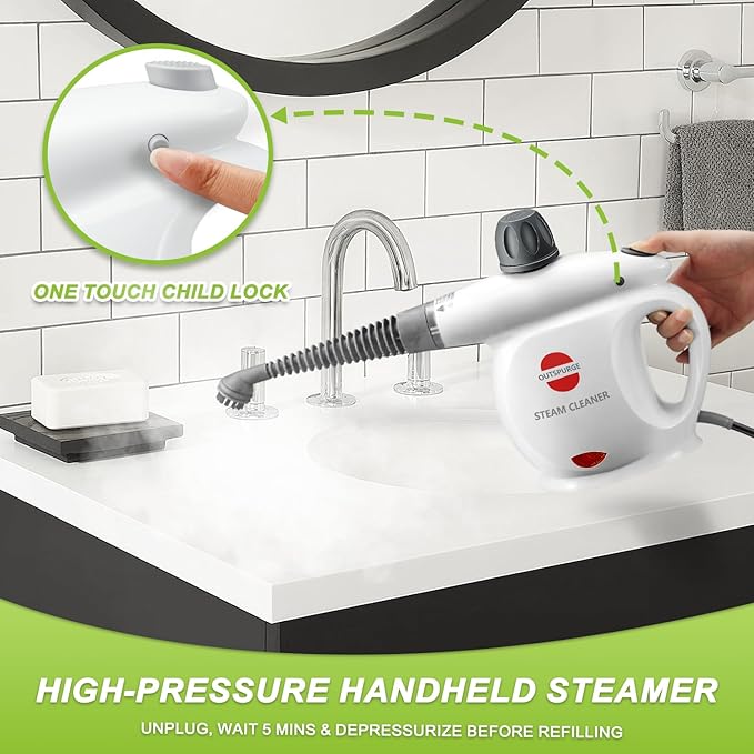 Handheld Steam Cleaner, Pressurized Multi-Surface Steam Shot with 13 Accessories, Safety Lock, Steamer for Cleaning Floor, Upholstery, Grout, Windows, Couch and Car, White