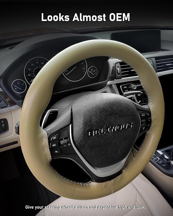 BELINOUS Leather Steering Wheel Cover Lace Up, Stitch On Wrap, Universal Fit 13-20 inch Car Truck SUV Pickup Boat, A Whole Piece of Cowhide, DIY Stitch w/Needle Thread (Size XXL5, Beige)