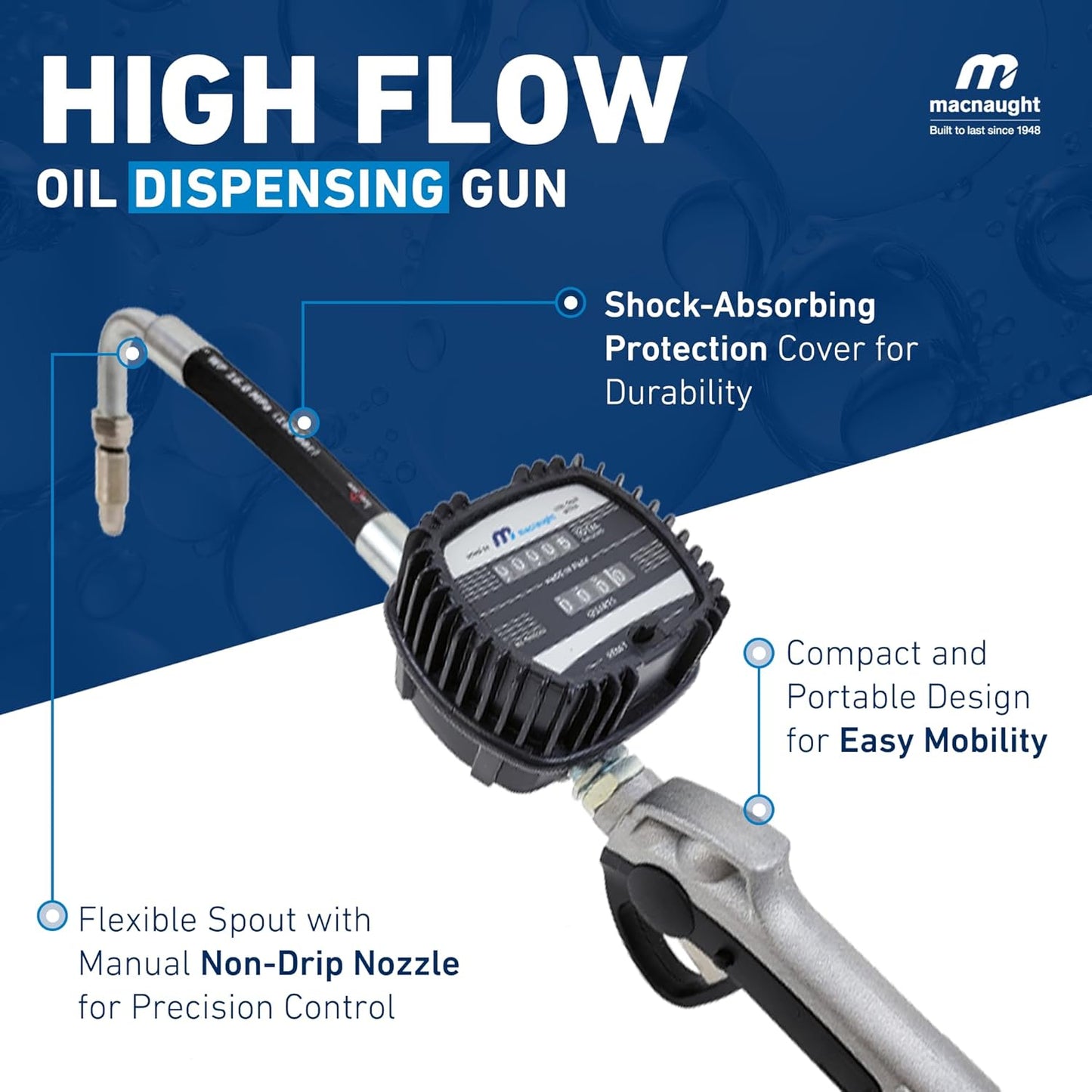 Macnaught Pneumatic Oil Gun with Control Valve 1/2" inch NPT Inlet, Mechanical Meter, Registers in Qts & Totals in Gal. Oil, antifreeze, trans fluid, lubricating oil, synthetic hydraulic oil & more