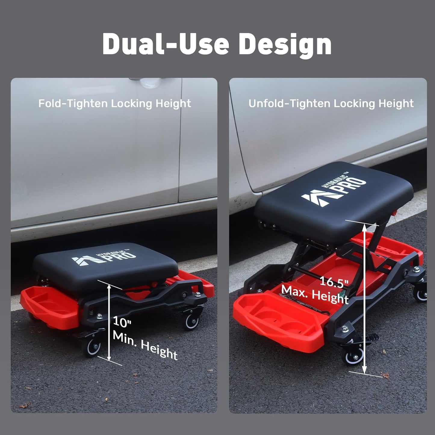 Automotive Creeper Seat with Rolling Wheels, 300 LBS Capacity Mechanic Stool, Heavy Duty Garage Stool with Soft Padded Cushion and Tool Trays, Foldable Design for Easy Storage