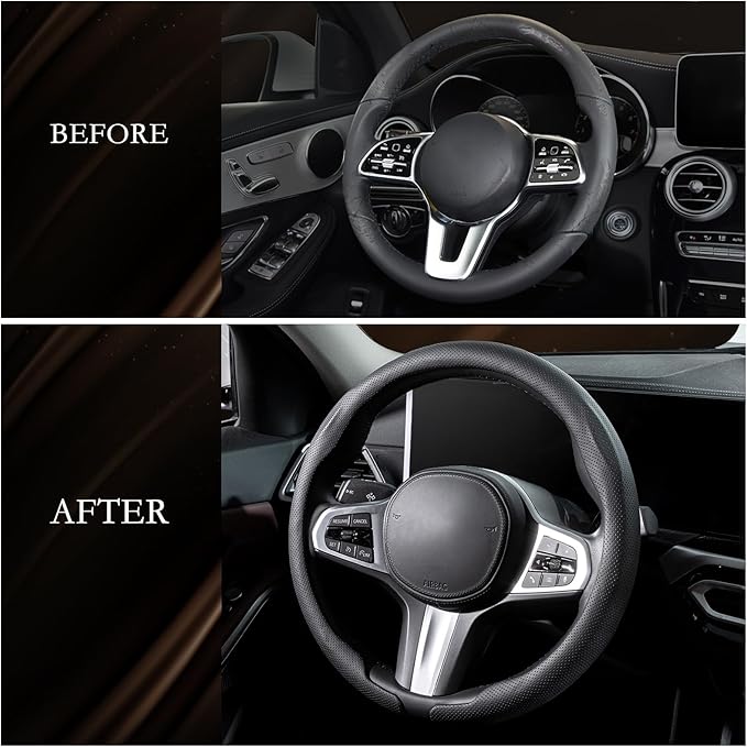 Aimato Nappa Leather Steering Wheel Cover, Ultra-Thin Car Steering Wheel Cover,Comfortable & Breathable Microfiber,Universal Fit for Most Cars, Black