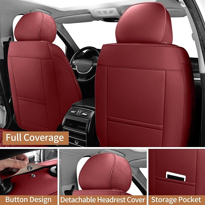 Leather Car Seat Covers Full Set Breathable Automotive Seat Covers Waterproof Seat Protectors Universal Fit for Most Automotive Cars SUV Trucks Van(Red, Full Set)