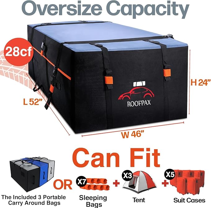RoofPax XXL 28 cuft Car Rooftop Cargo Carrier Bag Extra Waterproof Car Roof Storage with 10 Heavy Duty Tie Down Straps and 4 Hooks Roof Bag Cargo Carrier for Top of Vehicle with/Without Rack