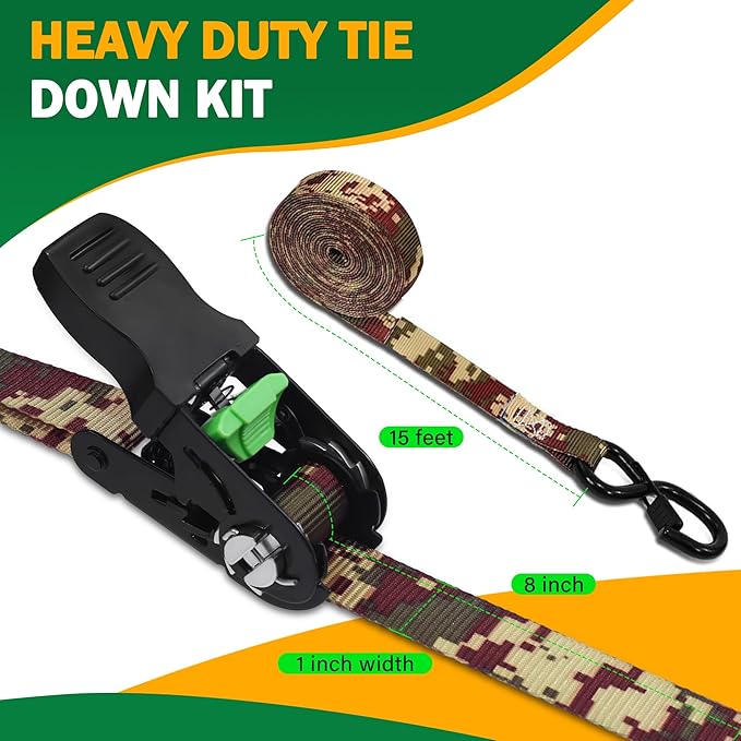 Motorcycle Tie Down Strap (4PK) - 2,100lb Break Strength Ratchet Tie Down Straps Set with 2 Bungee Cord, Soft Loop Ratchet Straps for Moving Appliances, Lawn Equipment, Cargo Straps for Trucks, Camo
