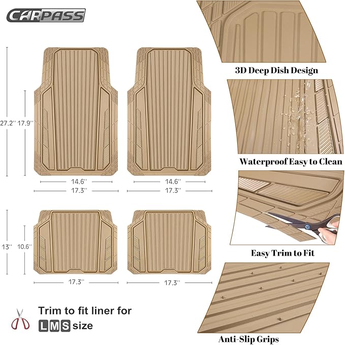 CAR PASS Heavy Duty Sporty Rubber Car Mats, Deep Dish All Weather Car Floor Mats Full Set, Waterproof Anti-Slip Automotive Matts Rugs Trim to Fit for Most Sedans SUVs, 4-Piece All Beige