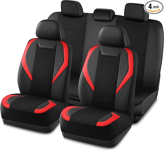 Road Comforts Car Seat Cover Full Set, Leather Mesh Seat Covers, Airbag Compatible, Universal Fit for Most Cars, SUVs, Trucks, and Vans - Red