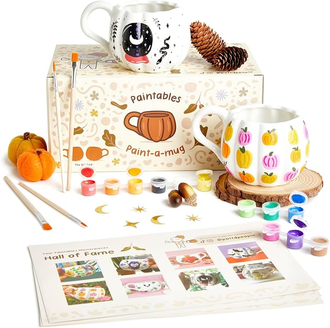 Pott'd Paintables Paint-a-Mug Kit Double Pumpkin Mug Pottery Painting Kit for Adults, Includes Ceramic Autumn Mugs, Paints, Brushes & Inspiration Guide
