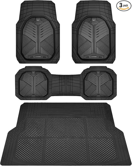 CAR PASS Heavy Duty Rubber Car Mats with Cargo Liner, Deep-Dish Car Floor Mats and Trunk Mat All Weather, Universal Trim-to-Fit for SUVs Trucks Sedans, Waterproof Anti-Slip, Trimmable V12 Black