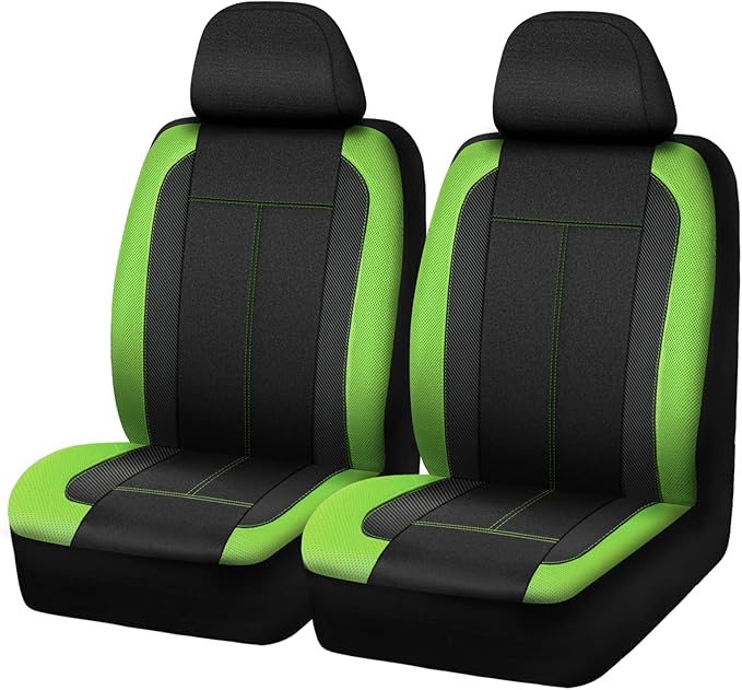 PIC AUTO Low Back Front Car Seat Covers - Sports Carbon Fiber Mesh Design, Two Front Set, Airbag Compatible, Universal Fit for Most Cars (Green)