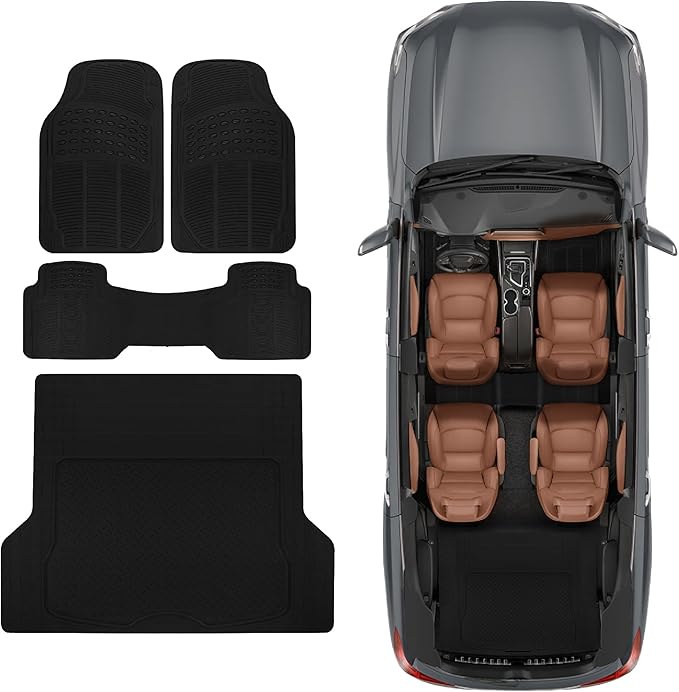 BDK Proliner All Weather Rubber Auto Floor Mats and Trunk Cargo Liner - Front & Rear Heavy Duty Set Fit for Car SUV Van and Truck, Black, 4 Pieces (Trim to Fit)