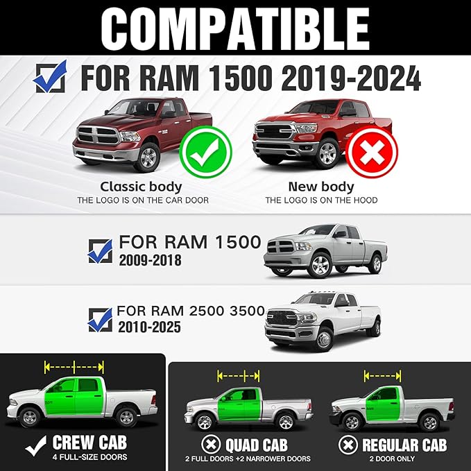 Crew Cab Running Boards Side Steps Compatible for 2009-2018 Dodge Ram 1500, 2019-2024 1500 Classic, 2010-2024 Dodge Ram 2500 & 3500 CrewCab, Bolt-on Nerf Bar, Two Stairs Design-Star Logo