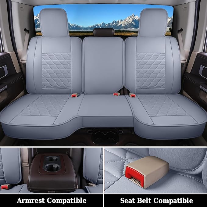 Coverado Seat Covers for Dodge Ram Full Set, Waterproof Truck Car Seat Cover Protectors Custom Fit for 2002-2025 Dodge RAM 1500 2500 3500 with Curved Bench(Gray)