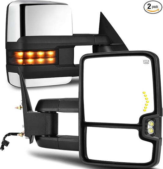 AUTOSAVER88 Towing Mirrors Compatible with 1999-2002 Chevy Silverado Sierra 1500 2500, 2001-2002 GMC Yukon XL Denali, LED Turn Signal Light Power Heated Telescoping Tow Mirrors Pair Set Chrome