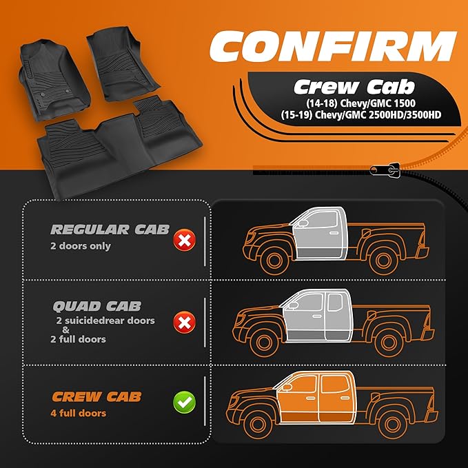 Floor Mats for 2014-2018 Chevrolet Silverado/GMC Sierra 1500 Crew Cab & 2015-2019 Chevy/GMC 2500HD/3500HD|Custom Fit|Front & Rear|Front Bucket|All-Weather Car Liners for Trucks