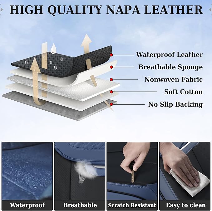 Coverado Front Seat Covers, Breathable Nappa Leather Car Seat Cover, Universal Seat Covers for Cars, Waterproof Car Seat Protector, Driver Seat Cover Fit for Most Cars(Blue&Black)