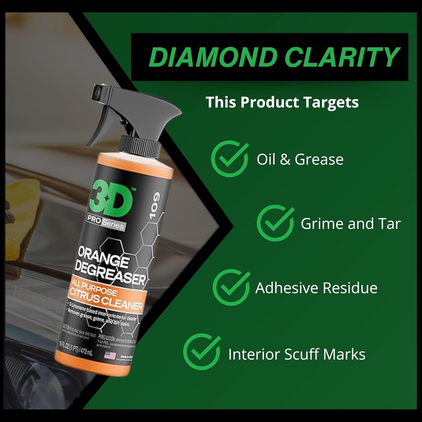 3D Orange Degreaser – Citrus-Based Car Cleaner for Oil, Grease, Grime & Adhesives – Water-Based, Non-Corrosive, Eco-Friendly, Interior & Exterior Use - 16 Fl oz