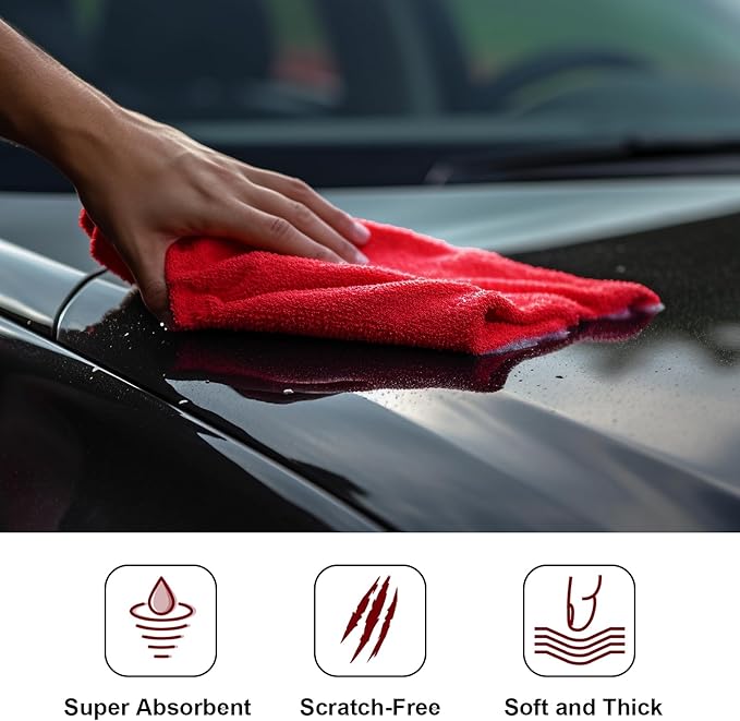 Shimeyao 30 Pcs Edgeless Microfiber Plush Towels for Cars Detailing Drying Wash Polishing Absorbent Cleaning Cloths, 500 GSM, 16 x 16 Inch(16 x 16 Inch,Red,30 Pcs)