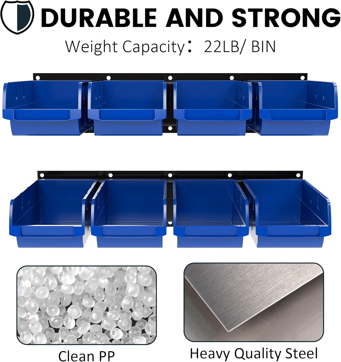 UNITEDPOWER wall mounted garage storage bin, Parts Rack, Plastic Hanging Stackable Storage Bin, Hardware Tool Organizer for workshop, Craft Room, school and Shop, 8 Bins&2 Rails (Blue), Large
