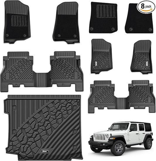 3W Floor Mats & Cargo Liner with Carpets on TOP Fit for Jeep Wrangler JL 2018-2024 2025 Unlimited 4-Door Sahara Willys Rubicon with Subwoofer(Non JK or 4XE) Car Mats Custom Fit for Wrangler JL, 8PCS