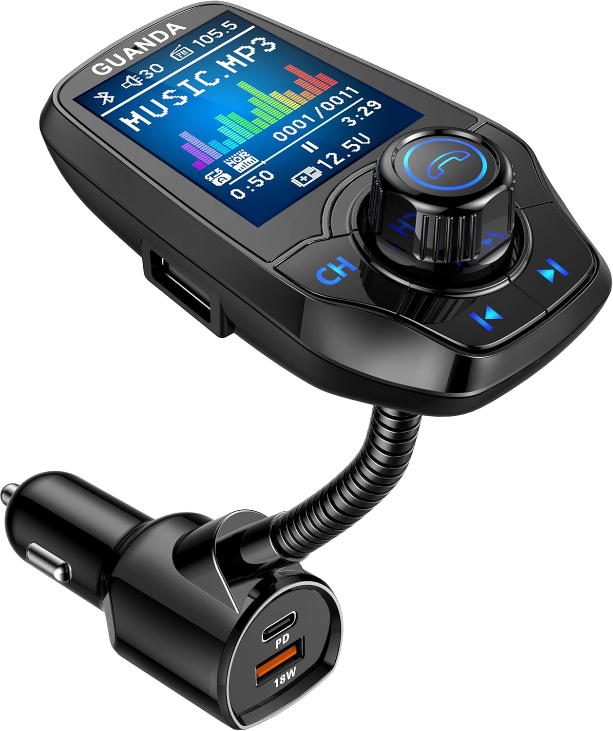 Upgraded Bluetooth FM Transmitter for Car, Wireless Radio Adapter Kit W 1.8" Color Display Hands-Free Call AUX in/Out SD/TF Card USB Charger PD 20W for All Smartphones Audio Players - Black