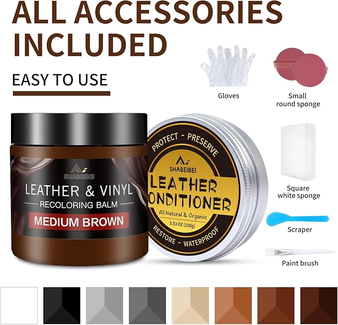 Leather Recoloring Balm with 100ml Mink Oil, Medium Brown Leather Repair Kit and Scratch Remover for Furniture, Car Seats, Sofas, Dye & Restorer for Couches, Vinyl, PU, Faux