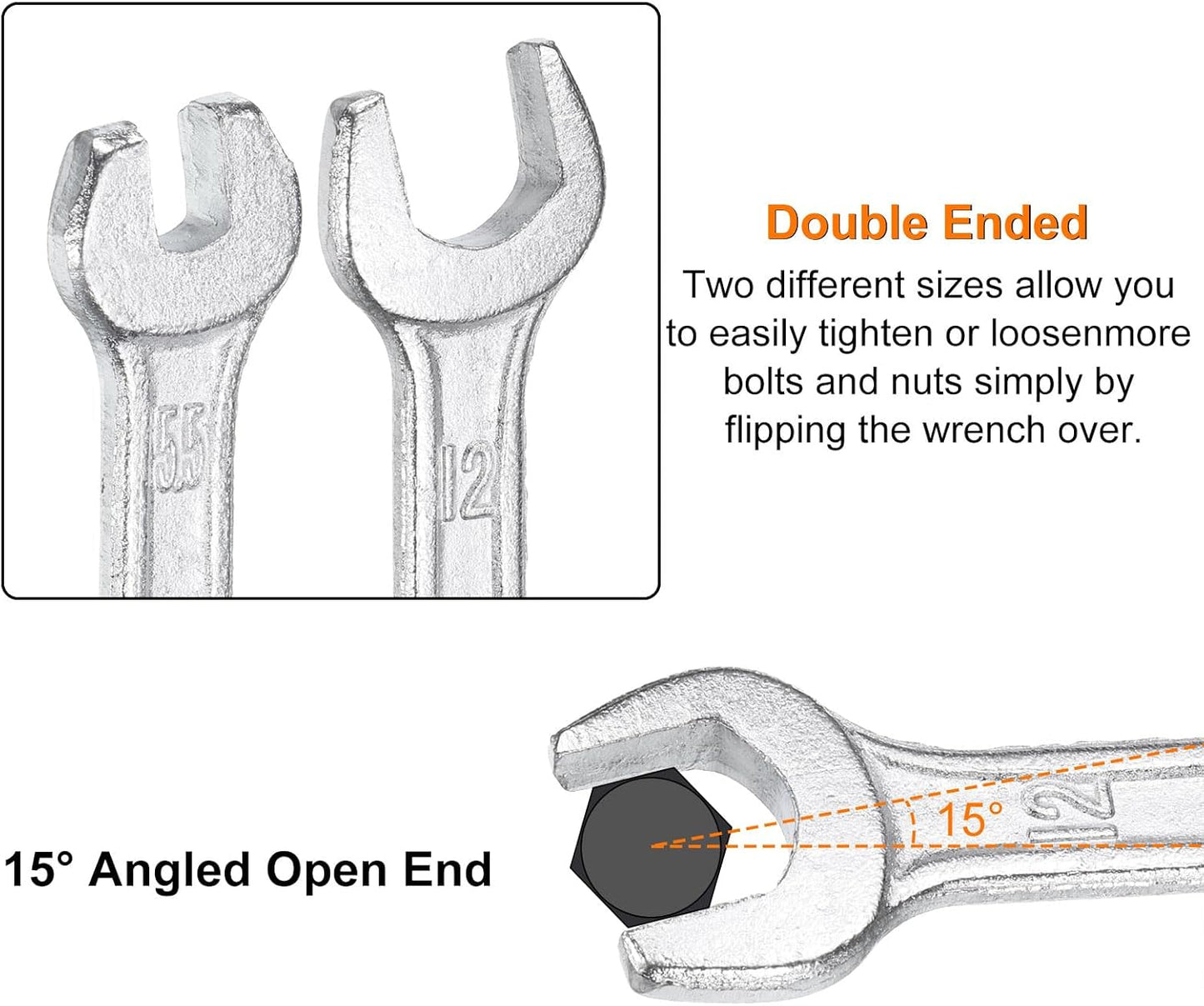 HARFINGTON 2pcs Double Open End Wrench 13mm x 17mm Metric 15 Degree Offset Angle Small Flat Head Wrench Galvanizing Open Ended Spanner for Automotive Repair Furniture Assembly